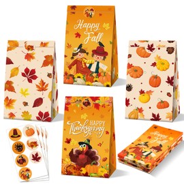 28 Pack Thanksgiving Gift Bags Fall Leaves Treat Bag Thanksgiving Paper Treat Bags Pumpkin Turkey Goody Bags with Stickers Thanksgiving Candy Bags for Thanksgiving Decor Autumn Party Supplies