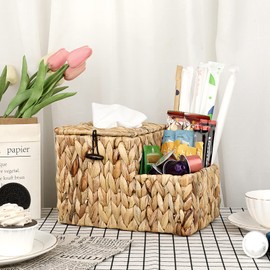 Sumnacon Square Woven Tissue Box Cover - Decorative Cube Wicker Tissue Box Holder with Side Organizer, Rustic Water Hyacinth Tissue Holder for Living Room Vanity Night Stand Table Countertop Office