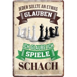WOGEKA ART 1609 Retro Tin Sign with German Text "Ich glaubbe, ich piele Schach", Funny Saying as a Gift Idea for Birthday, Christmas for Decoration, 20 x 30 cm, Vintage Sign Metal Sign