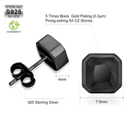 KRKC&CO Black Stud Earrings, Men’s Black CZ Earrings Black Tone Plated S925 Silver, 5A Cubic Zirconia Square Diamond, Hypoallergenic Hip Hop Jewelry for Man(Square-All Black)