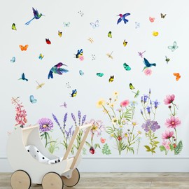 Supzone Flowers Butterflies Wall Decals Chrysanthemums Dragonflies Wall Stickers Peel and Stick Colorful Flower Stickers Elegant Wall Stickers & Murals for Girls Bedroom, Living Room Decor