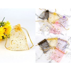 DERAYEE Organza Drawstring Bag, Gift Bags, 50 Pieces, Foil Stamping, Packaging, Presents, Wrapping, Small Storage, White, Solid, Star and Moon, Transparent (3.5 x 4.7 inches (9 x 12 cm)