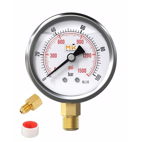 MK MEASURING – Glycerine-Filled Pressure Gauge 0–100 Bar, 1/4" NPT