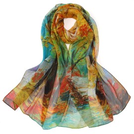 JWSilk Long Silk Chiffon Scarf Floral Print, Autumn Leaves