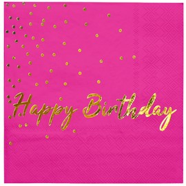 WRAPAHOLIC 25Pcs Dot Birthday Cocktail Napkins - 3-Ply Hot Pink Gold Foil Happy Birthday Lettering and Dot Disposable Paper Napkins for Baby Shower Party Tableware Party Supplies - 5 x 5 In