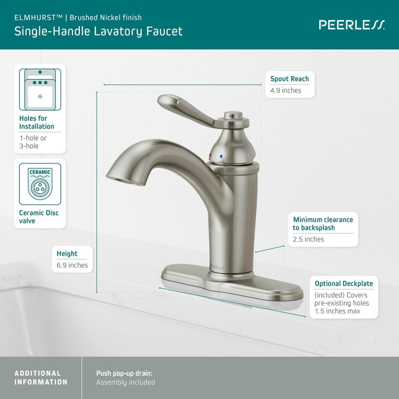 Peerless P1565LF-BN Elmhurst Handle Bath Faucet Single Hole, Brushed Nickel
