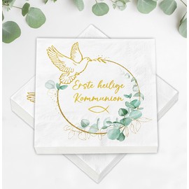 Pack of 40 Napkins First Communion + 60 Wooden Fish Scatter Decoration Set, First Holy Communion Decoration Boy Girl Eucalyptus Green Gold, Small First Communion Gifts, Guest Gifts, Communion Gifts