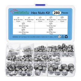 METALLIXITY Hex Nuts Assortment Kit (#2-56, #4-40, #6-32, #8-32, #10-24, #12-24, 1/4-20, 5/16-18, 3/8-16) 280Pcs, 304 Stainless Steel Hexagon Nut Hardware