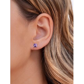KeyStyle Amethyst Birthstone Earrings for Women,Hypoallergenic Square Stud Earrings with 925 Sterling Silver Posts & Push Backs,Small Dainty Cubic Zirconia Stud Earrings 6mm Birthday Jewelry