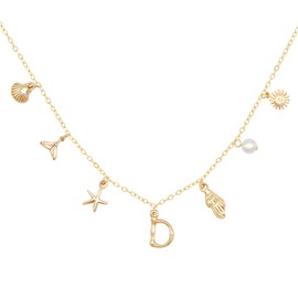 Beljeley Gold Initial Necklaces for Women Trendy, 14K Gold Plated Boho Starfish Seashell Sun Charm D Necklace Statement Non-tarnish 2024 Summer Shell Pendant Choker Necklace Beach Jewelry for Women