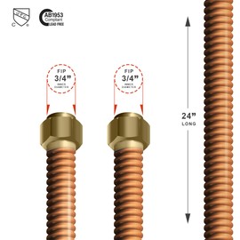 Flextron FTWC-C34-24A 24" Long Connector for Water Heater with 3/4" FIP and 3/4" FIP Ends, Copper