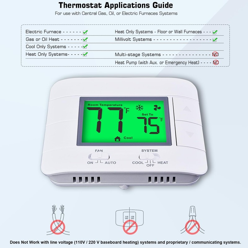 Upgraded Non Programmable Thermostats for Home 1 Heat/1 Cool Single