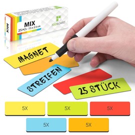 2DOBOARD Magnetic Strips Writeable - 7.5 cm x 2.5 cm Colourful - Pack of 25 - Magnetic Signs for Writing on - For Fridge, Whiteboard & Blackboard - Magnetic Labels