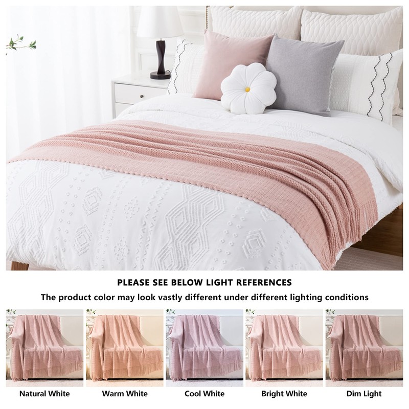 BATTILO HOME Pink Knitted Throw Blanket Textured Solid Sofa Couch