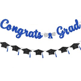 Yeomju Glitter Blue Congratulations Bachelor Decorations Banner, Blue and Black Congratulations Graduation with Tassel Decoration College High School Party