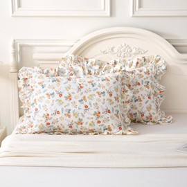 Silnuo Floral Ruffle Pillow Shams Country Chic Beige Garden Flowers Pillowcases Pillow Cover Queen Size Set of 2-20"x30"