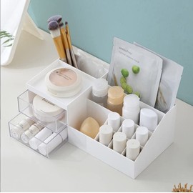 Queta Make-up-Organizer Cosmetic Storage Box with Capacity 11 Grids and 2 Drawers, Fits Jewelry, Brushes, Lipsticks, Creams, Stationaries