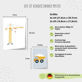 MeinBaby123® Bilder Baufahrzeuge | 6er Set DIN A4 & DIN A5 | Bagger, Kran, Kipplaster | Poster Kinderzimmer | Deko Bilder Kinderzimmer Junge | Babyzimmer Deko | Premium Qualität (Bagger V3)
