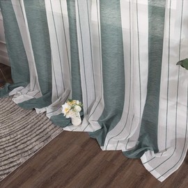 MIULEE Transparent Voile Curtains with Eyelets, Tab-Top Curtains for the Living Room and Bedroom, Set of 2, 140 x 245 cm, Green Stripes