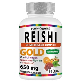 Purely Organics | Reishi Gold 650 mg con Cúrcuma, Té Verde y Vitamina C | Extracto de Hongo Reishi | 90 Cápsulas Veganas