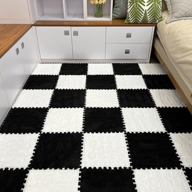 12pcs Carpet Squares Puzzle Floor Mat, Plush Interlocking Carpet Tiles, Anti Slip EVA Foam Jigsaw Floor Tiles, Build A Safe Area for Bedroom Playroom (White+Black)
