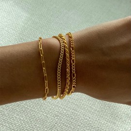 Fwlisesa Gold Bracelets for Women, 14k Gold Plated Stackable Figaro Rope Cuban Paperclip Chain Bracelets Dainty Gold Bracelet Set Chunky Gold Bracelets for Women Trendy Fashion Gold Jewelry for Women