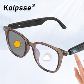 Koipsse Bluetooth Smart Glasses Rechargeable fashionable versatile wireless calls suitable for adults sports gift gifts make calls smart glass eyewear transparent anti-blue light photochromic lens Wireless Smart Music Glasses sunglasses - Color: Brown, F