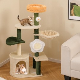 PETSITE 45 Inch Flower Cat Tree, Multi-Level Cat Tower with Scratching Posts, Flower-Shaped Sisal Scratching Board, Soft Perch, Side Basket, and Dangling Toy, Cute Cat Tree Tower for Indoor Cats