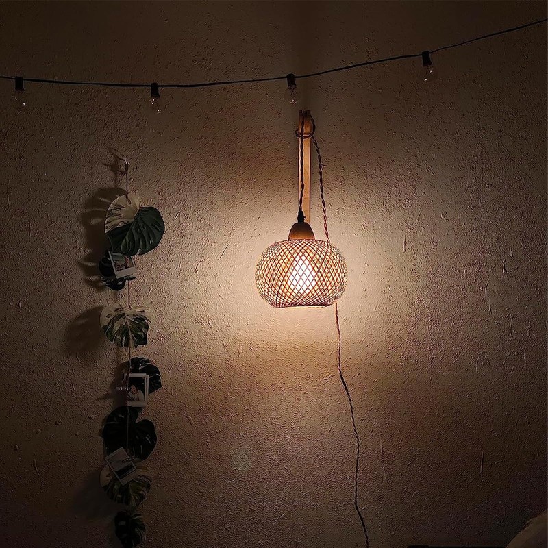 Frideko Bamboo Lantern Plug in Wall Sconces Wicker Wall Lamp