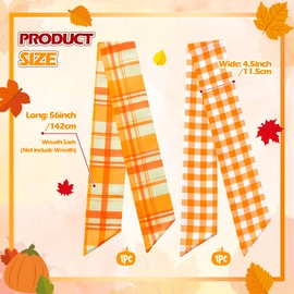 WATINC Autumn Orange Wreath Sash - 2pcs Fall Buffalo Check Wreaths DIY Bow for Front Door Decoration, Thanksgiving Harvest Satin Sash Accessories for Home Yard Doorway Wall Window Decor (56'' x 4.5'')