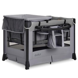 Evolur Cozy Cove All-in-One Portable Playard with Bassinet & Changing Table – Quick-Fold Travel Playard with Breathable Mesh Sides (Newborn–Toddler) Grey