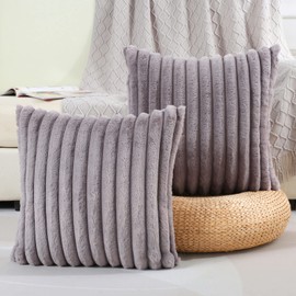 FUTEI Grey Striped Decorative Throw Pillow Covers 18x18 Inch Set of 2,Square Winter Decorations Couch Pillow Case,Soft Cozy Faux Rabbit Fur & Velvet Back,Modern Home Decor for Bed