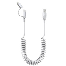USB to Lightning and USB C Cable 2 in 1 Coiled iPhone Charger Cord - Car Charger Lightning USB C Combo Support Apple Carplay & Android Auto & Data Sync, for iPhone 16 15 14 13 12 11 Android, White
