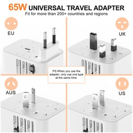 FDTEK Universal Travel Adapter, 65W International Universal Adapter European Laptop Travel Plug Adapter with 3 USB Ports (2 USB C) Worldwide Adapter for Europe UK AUS Asia Japan Covers 300+Countries