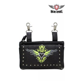 Dream Apparel Ladies Biker Naked Cowhide Leather Belt Bag with Lime Green/Gray Heart and Studs