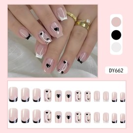 Vezocim 24Pcs Press on Nails Medium Heart Glossy Full Cover Artificial French Tips Fake Nails with Black Heart Designs Acrylic Square False Nails with Glue Coffin Stick on Fingernails for Women