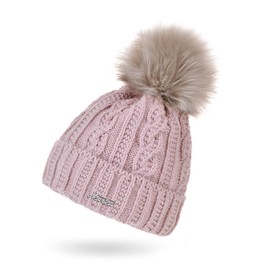Neverless® Women's Knitted Hat with Inner Lining Fleece Fur Pompom Faux Fur Bobble Hat Cable Knit Pattern Envelope, pink