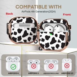 Maxjoy for AirPod 4 Case with Lock, Cute AirPod 4th Generation case Lock Protective Hard Case for AirPod 4 Gen for Women Men with Keychain for Airpods 4th Generation Charging Case 2024, Cow Print