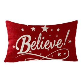 FELENIW Merry Christmas Red Snowflakes Stars Believe Blessing Gift Cotton Linen Decorative Throw Pillow Cover Cushion Case 12x20 inches