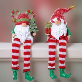 The Bridge Collection Elf Gnome Figurines - Set of 2 - Decorative Tabletop Figures for Holiday Decor - Elf Shelf Sitters with Dangling Legs - Christmas Gnome Decor