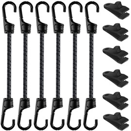 12 inch Mini Bungee Cord Straps with Dual Hooks 6Pack Heavy Duty Tie Down Strap and 6 Tarp Clips Heavy Duty Lock Grip Tie Down for Securing Tarps Funiture, Camping,Awning,Kayaking, Bike,Cargo Outdoor