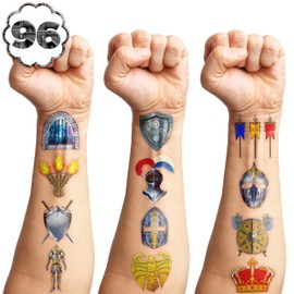 105PCS Medieval Knight Temporary Tattoos Stickers Theme Birthday Party Decorations Supplies Favors Decor Brick Stone Crown Castle Soldier Tattoo Sticker Gifts For Boys Girls Class Prizes Carnival