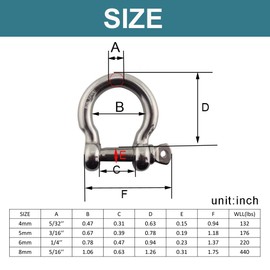 Ayunwei D Shackle with Screw Pin 304 Stainless Steel Heavy Duty Anchor Shackles for Chains, Wire Rope Lifting, Camping, Bracelets (6mm)