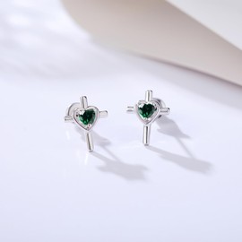 925 Sterling Silver Cross Earrings Screw Back with Heart CZ Hypoallergenic Stud Christian Religious Faith Jewelry Gifts (05.Green-May)