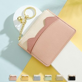 Valentoria Slim RFID Blocking Card Holder Small Pocket Wallet Keychian Zipper Coin Purse Minimalist Leather Cash & Coin & Cards Case for Women Men (Z2-Pink)