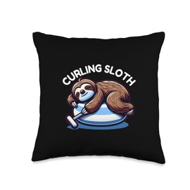 Ice Curling Winter Athletics Stone Slider Gift Funny Curling Sloth Always Tired Winter Sports Curler Throw Pillow, 16x16, Multicolor