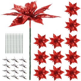 Thiccywoov 12 Pcs Christmas Poinsettia Flowers, Glitter Artificial Flowers Christmas Tree Decorations 7.1 Inch Red Xmas Ornaments for New Year Tree and Wreath
