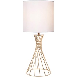 Popity home Gold Table Lamp, Modern Bedside Lamp for Nightstand, Small lamp for Bedroom, Metal Geometric Hollow Out Base with White Fabric Shade