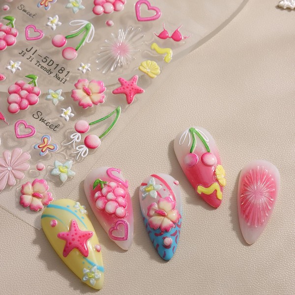 1pcs Summer Nail Stickers for Nail Art Embossed Nail Decals