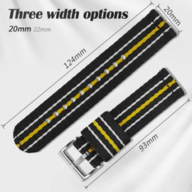 uEmoh Quick Release Nylon Watch Bands in Multiple Colors & Widths (20mm, 22mm) for Men and Women (20mm, Black/White/Yellow)